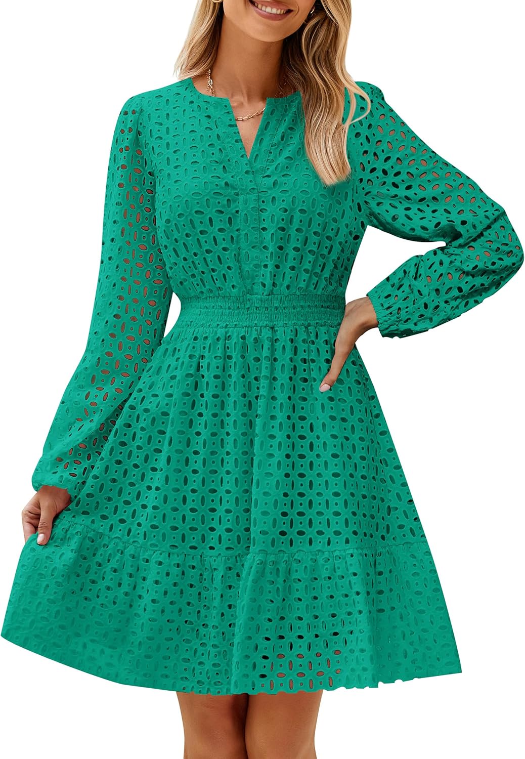 ✨Women's Long Sleeve Mini Dress V Neck Hollow Out Eyelet Embroidery Ruffle Dresses