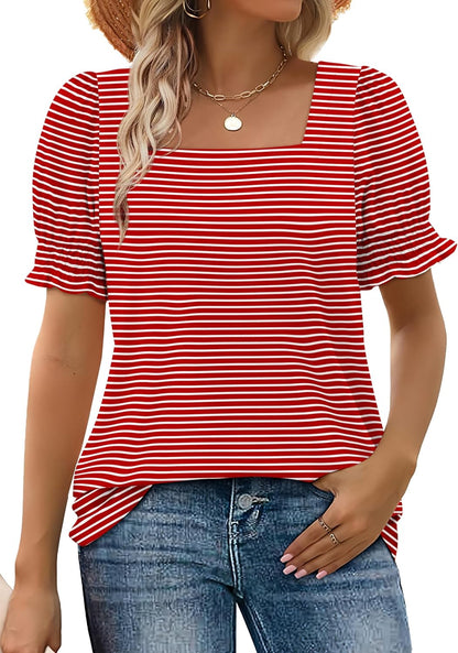✨Women's Square Neck  Smocked Sleeve T-Shirt Casual Top