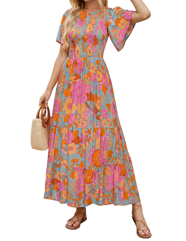 ⏰Hot Sale-Women's Casual Floral Print Short Flutter Sleeve Smocked High Waist Flowy Maxi Dress