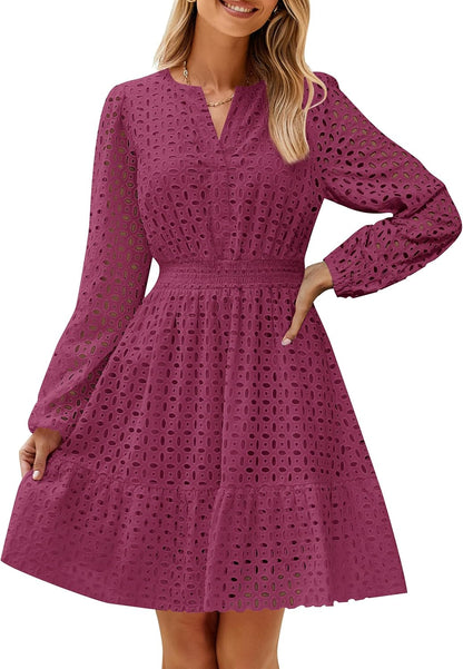 ✨Women's Long Sleeve Mini Dress V Neck Hollow Out Eyelet Embroidery Ruffle Dresses