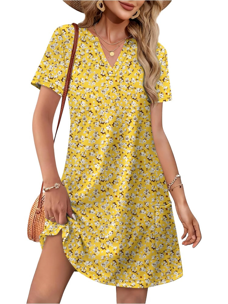 Women Casual V Neck Hawaiian Midi Dress With Pockets