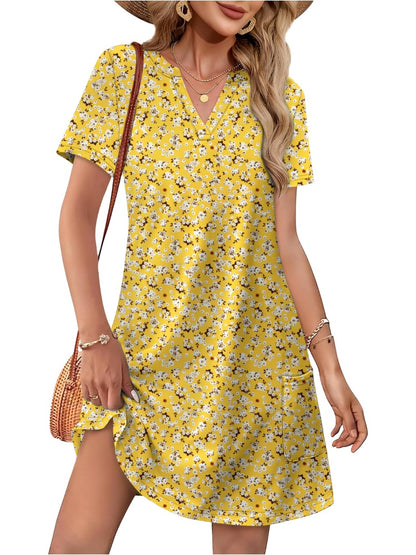 Women Casual V Neck Hawaiian Midi Dress With Pockets