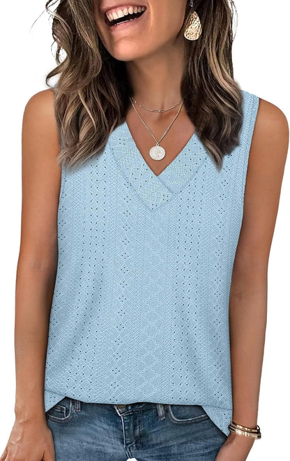 ✨Women Summer Outfits V Neck Tank Trendy Eyelet Sleeveless Basic T Shirts
