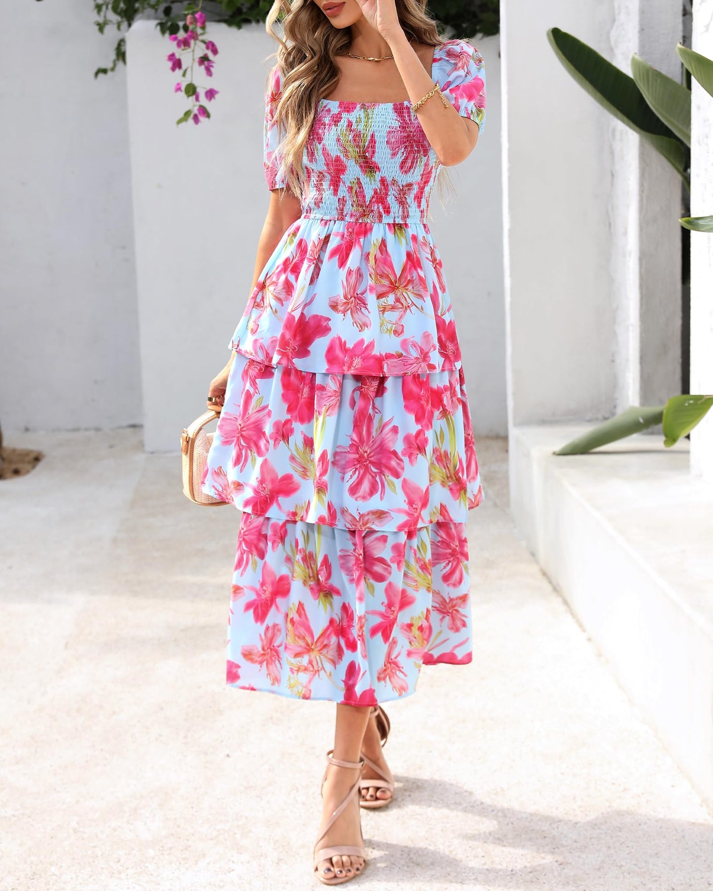 Limited time sale🔥Women's Floral Square Neck Puff Short Sleeve Smocked Tiered Dress