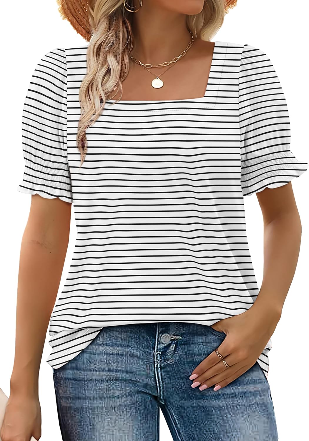 ✨Women's Square Neck  Smocked Sleeve T-Shirt Casual Top