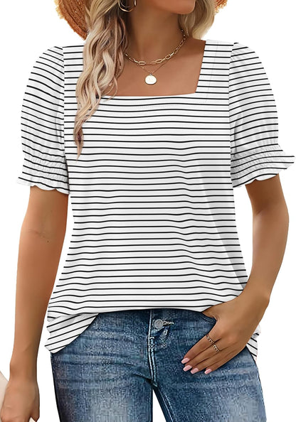 ✨Women's Square Neck  Smocked Sleeve T-Shirt Casual Top