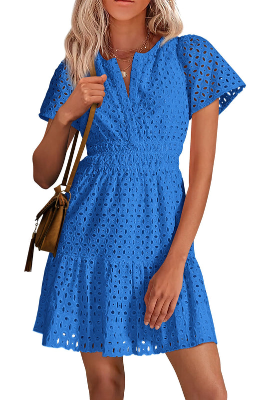 ⏰Hot Sale-Women's V Neck A Line Hollow Out Lace Dress