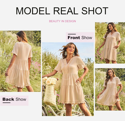 ✨Womens Dresses  V Neck Short Sleeve Casual A Line Flowy Swing Shift Dress
