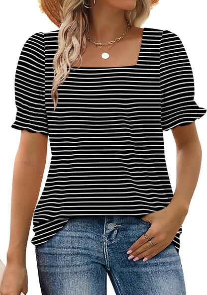✨Women's Square Neck  Smocked Sleeve T-Shirt Casual Top