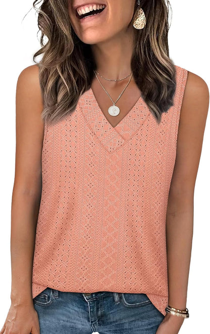 ✨Women Summer Outfits V Neck Tank Trendy Eyelet Sleeveless Basic T Shirts