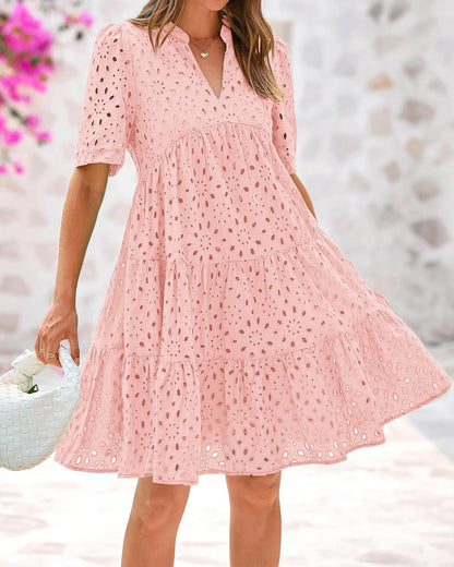 ⏰Hot Sale-Women's Elegant Hollow Out Lace Ruffle Casual Mini Dress
