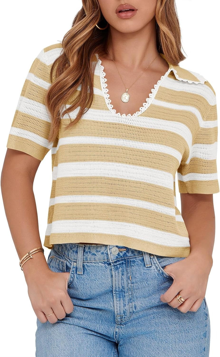 Women's Summer V Neck Collared Striped Short Sleeve Sweater Top