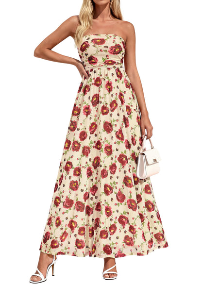 Womens Boho Maxi Dress Summer Floral Tube Strapless Wedding Guest Dresses