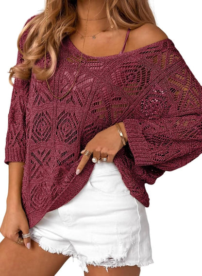 Limited time sale🔥Women's Crochet Hollow Out Pullover Off Shoulder Top
