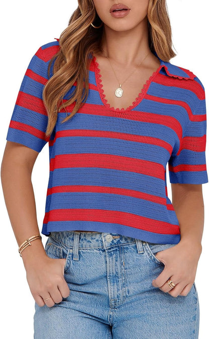 Women's Summer V Neck Collared Striped Short Sleeve Sweater Top