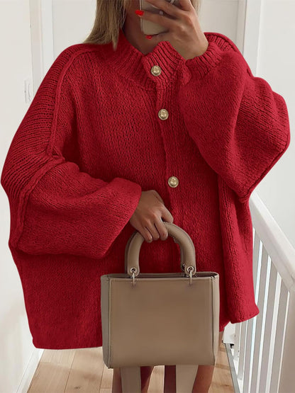 Women's Mock Neck Lantern Long Sleeve Button Down Cardigan Sweater