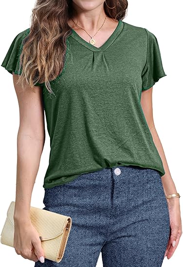 ✨Women's V Neck Ruffle Sleeve Tunic Short Sleeve Blouse Flutter Sleeve Tops