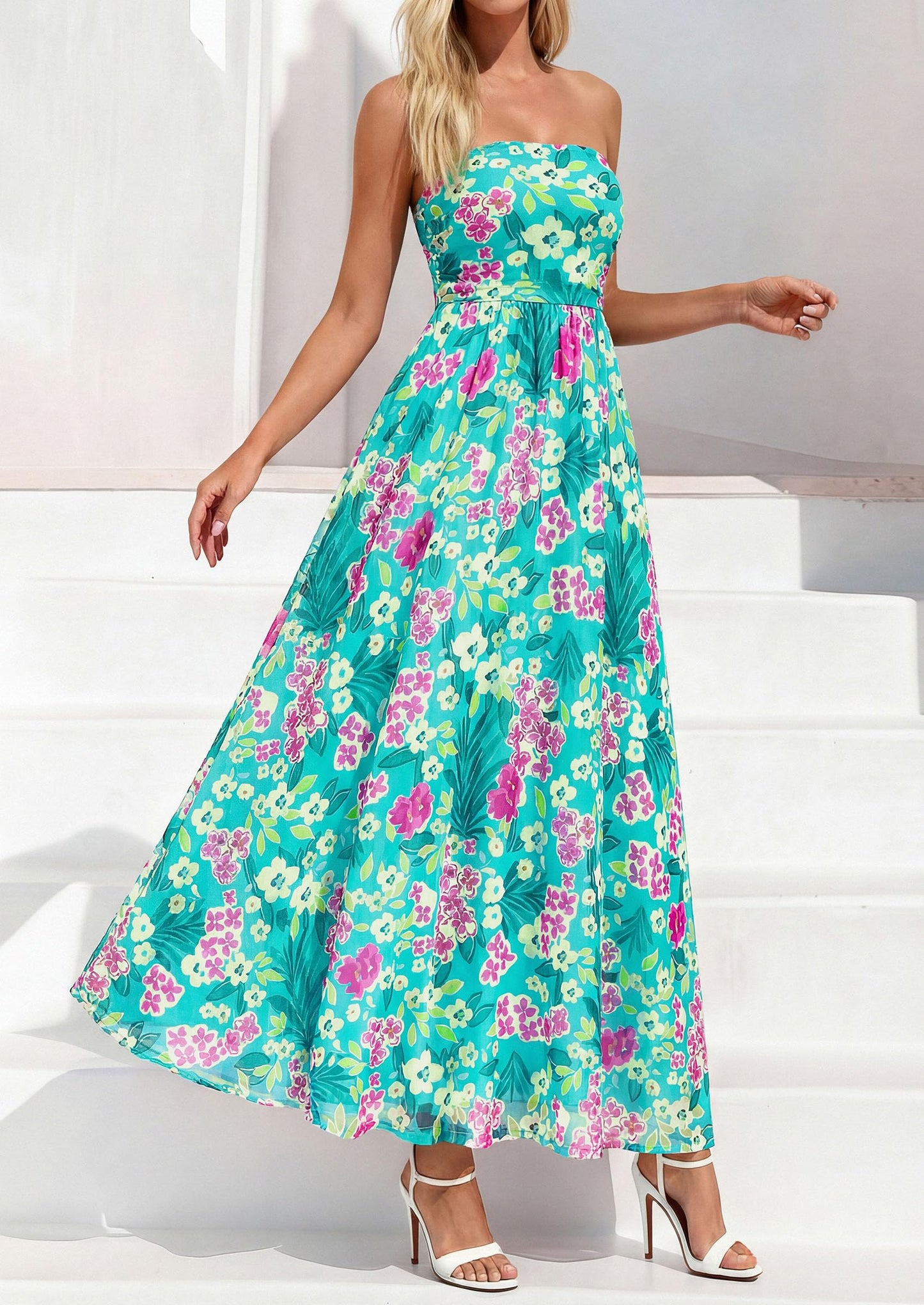 Womens Boho Maxi Dress Summer Floral Tube Strapless Wedding Guest Dresses