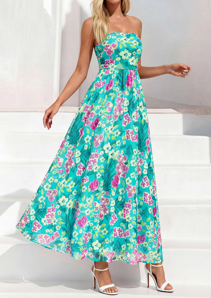 Womens Boho Maxi Dress Summer Floral Tube Strapless Wedding Guest Dresses