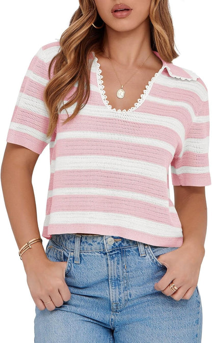 Women's Summer V Neck Collared Striped Short Sleeve Sweater Top