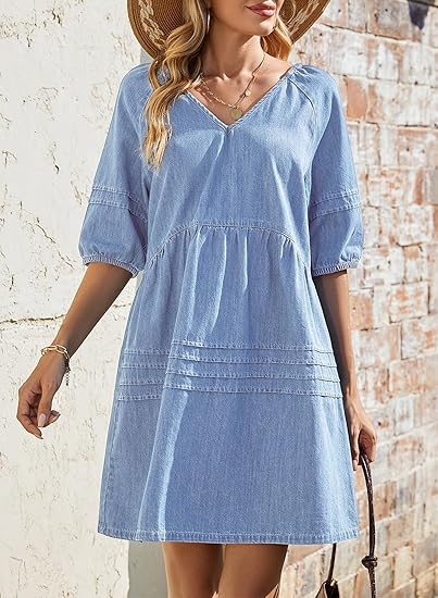 ⏰Hot Sale-Women Casual V Neck Puff Short Sleeve Denim Dress