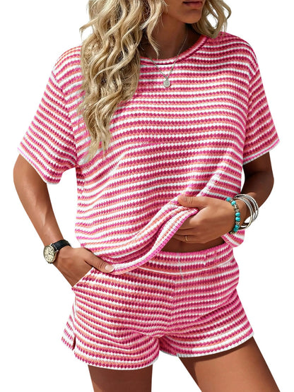 Womens Striped 2 Piece Outfits Casual Short Sleeve Shirts Tops