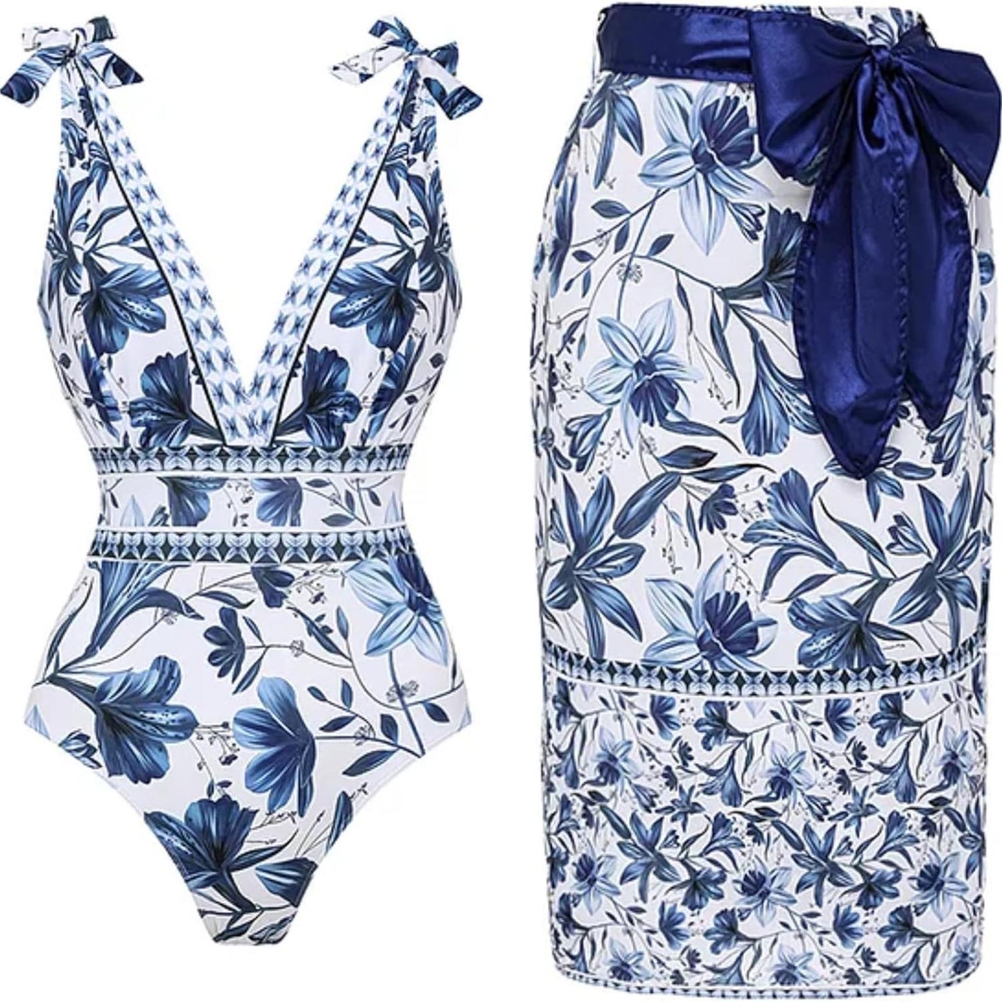✨Women Adjustable Shoulder Strip Plant Prints One Piece Swimsuit and Skirt/Sarong