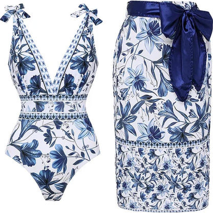 ✨Women Adjustable Shoulder Strip Plant Prints One Piece Swimsuit and Skirt/Sarong