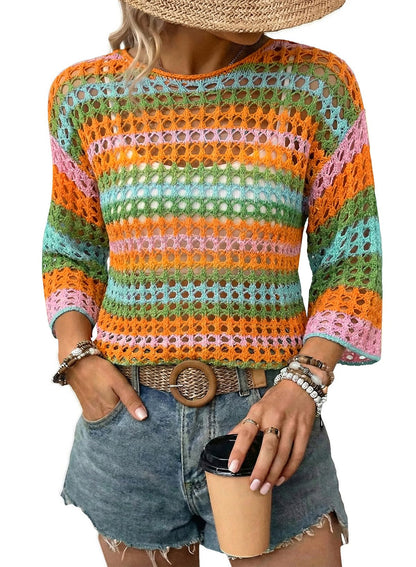 ⏰Hot Sale-Women's 3/4 Sleeve Hollow Out Color Block Striped Top