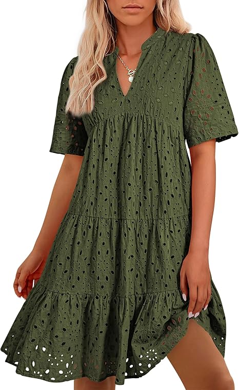 2025 Women's V Neck Short Sleeve Hollow Out Mini Vacation Dress