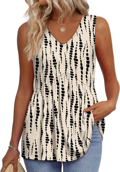 📣Women's Print Flowy Sleeveless V Neck Peplum Tank Tops