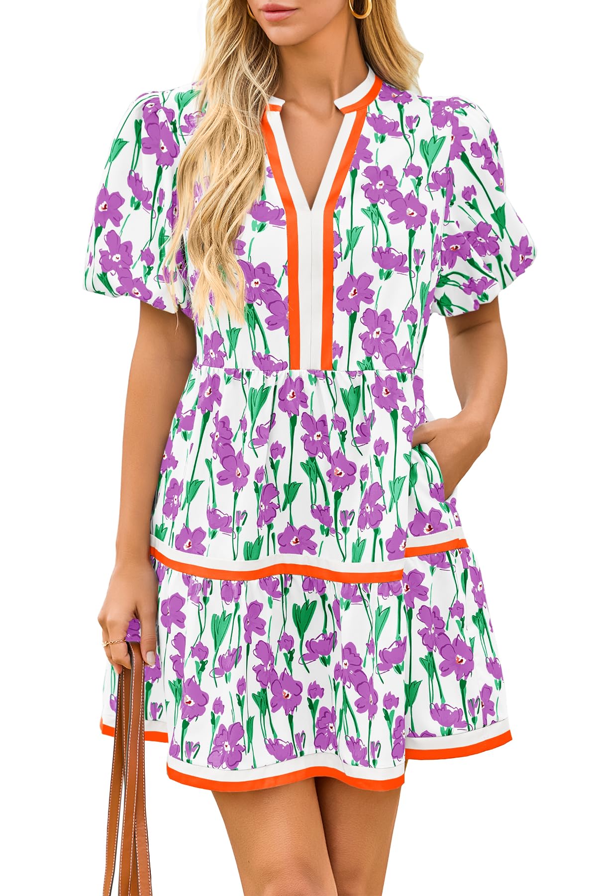 Womens V Neck Floral Mini Dress Short Puff Sleeve Patchwork