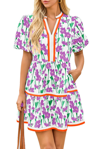 Womens V Neck Floral Mini Dress Short Puff Sleeve Patchwork