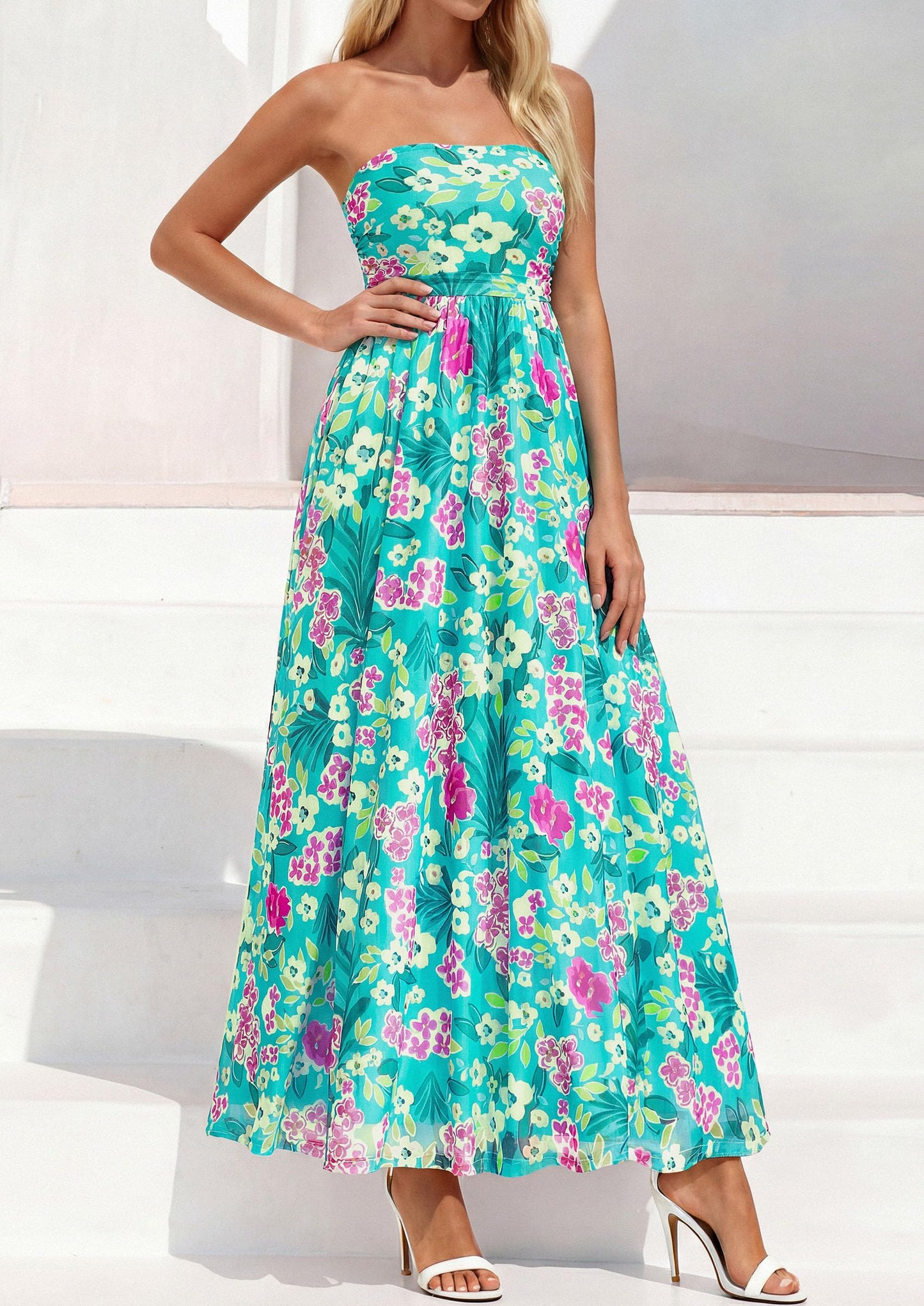 Womens Boho Maxi Dress Summer Floral Tube Strapless Wedding Guest Dresses