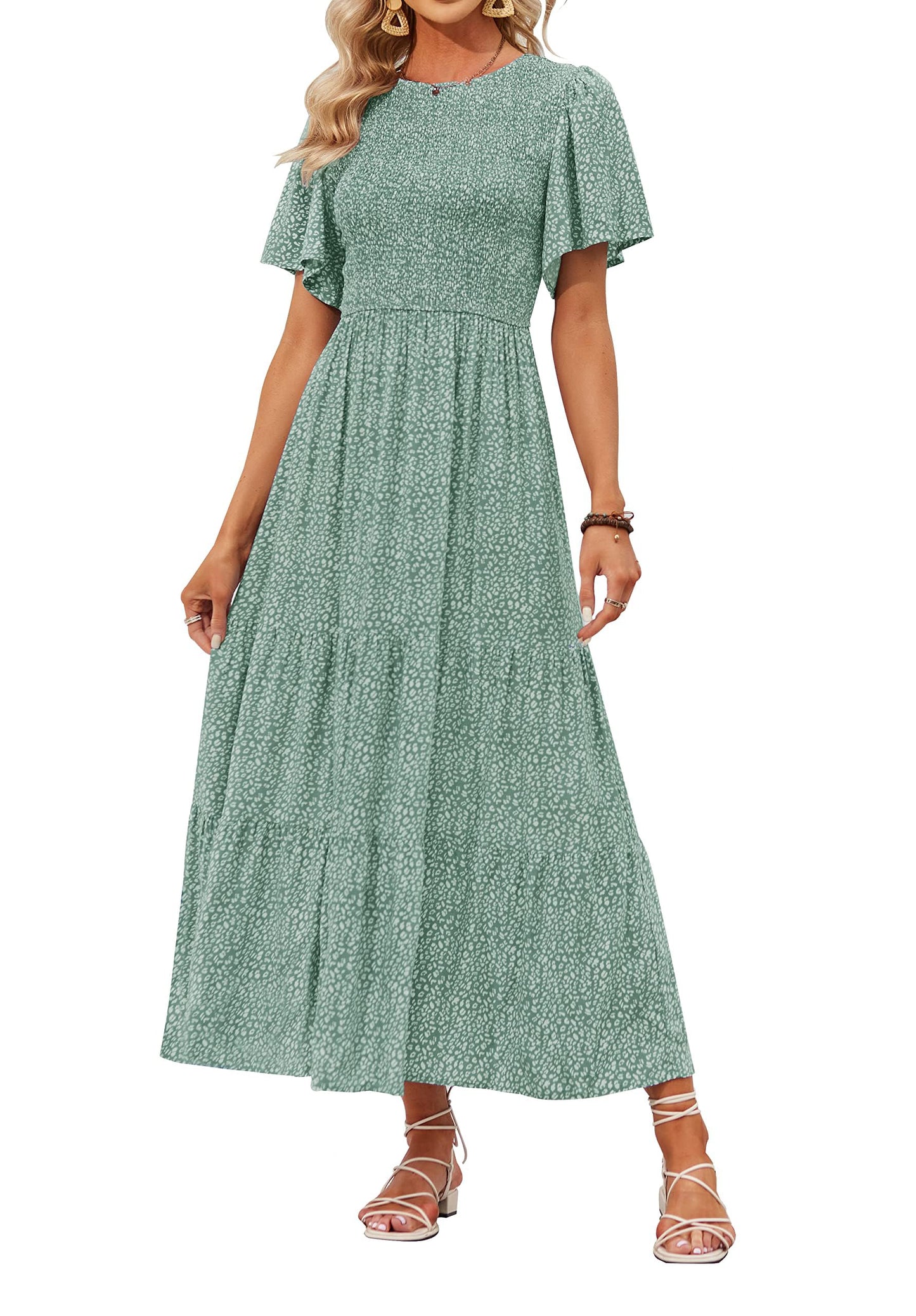 ✨Women's Casual Floral Print Short Flutter Sleeve Smocked High Waist Flowy Maxi Dress