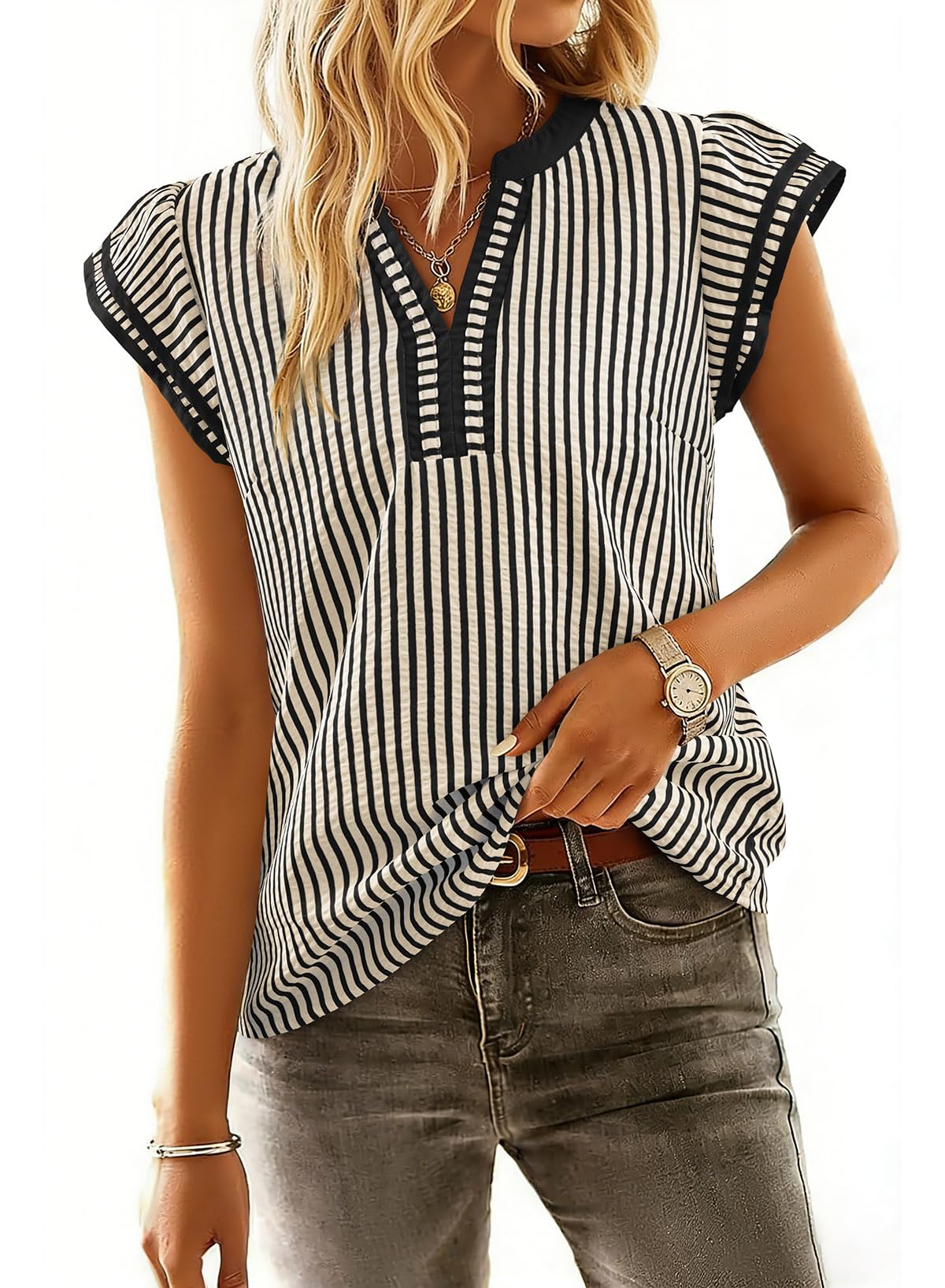 Womens Summer Tops Casual V Neck Cap Short Sleeve Striped T Shirts Loose Boho Blouses