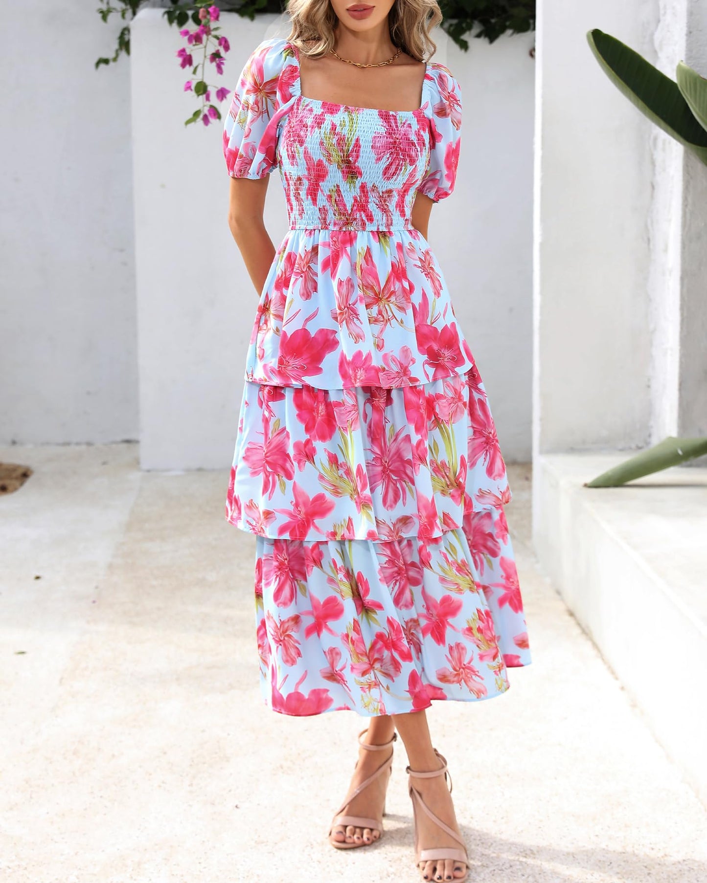 Limited time sale🔥Women's Floral Square Neck Puff Short Sleeve Smocked Tiered Dress