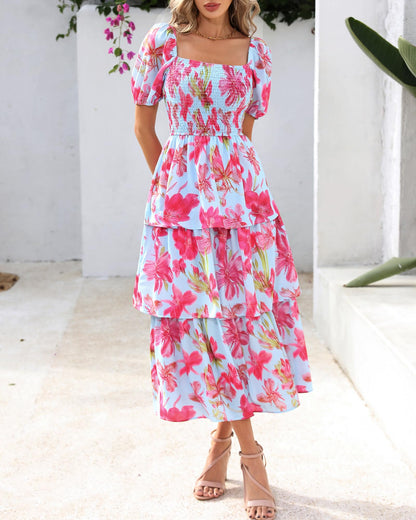 Limited time sale🔥Women's Floral Square Neck Puff Short Sleeve Smocked Tiered Dress