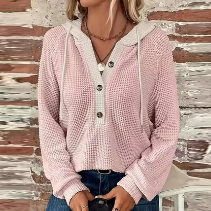 Women's Waffle Knit Drawstring Button Long Sleeve Hoodie