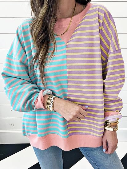 Hot Sale Womens Oversized Sweatshirts Striped Color Block Crewneck Sweatshirt