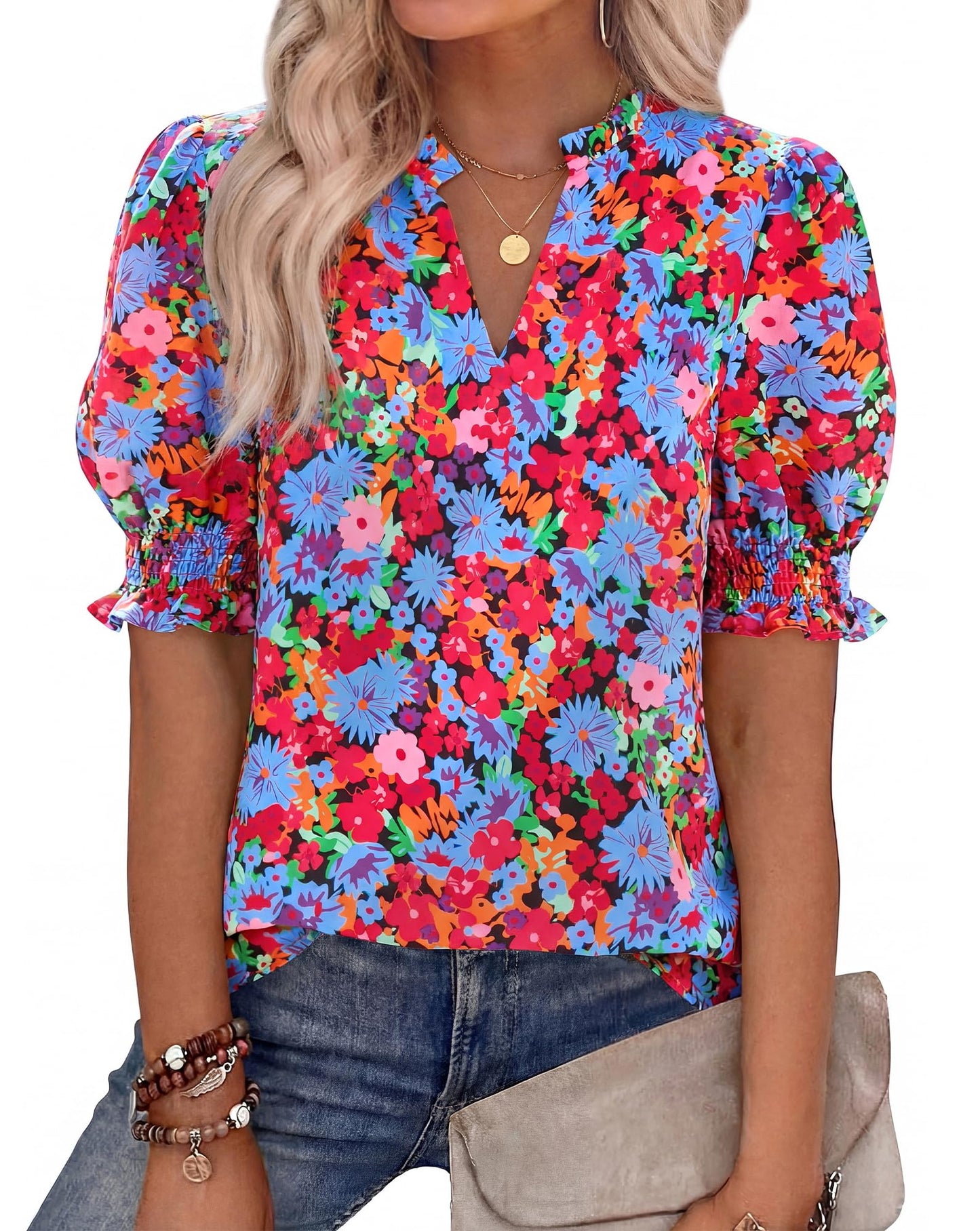 Women Floral Boho V Neck Puff Short Sleeve Top Casual 2026 Summer Blouses