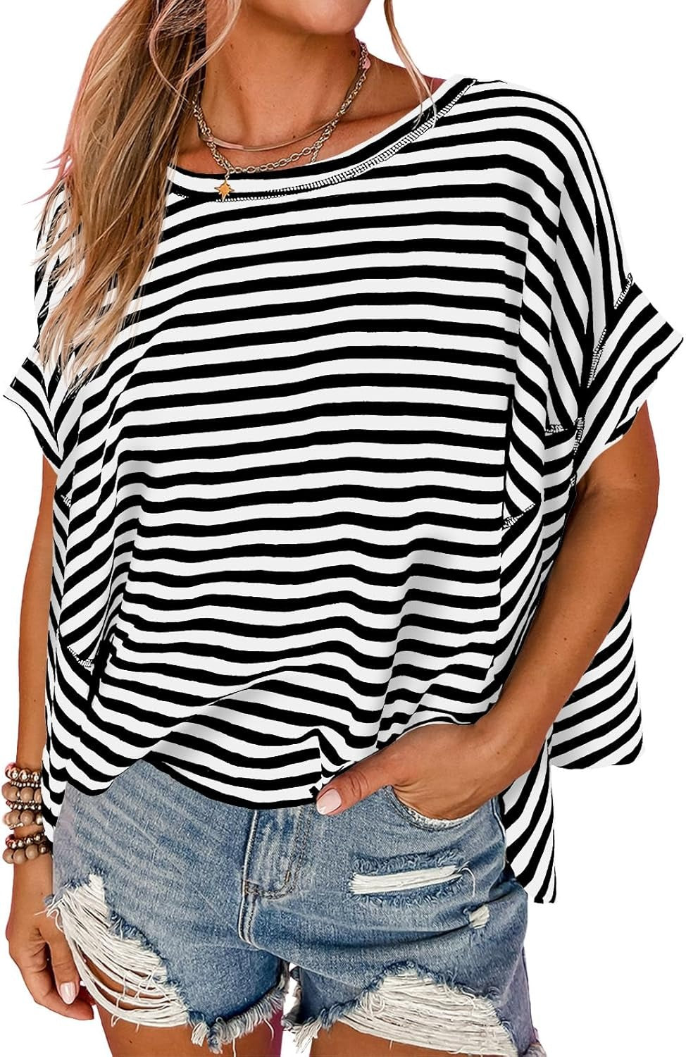 ✨Womens Oversized Striped Irregular Hem Batwing Short Sleeve Tee