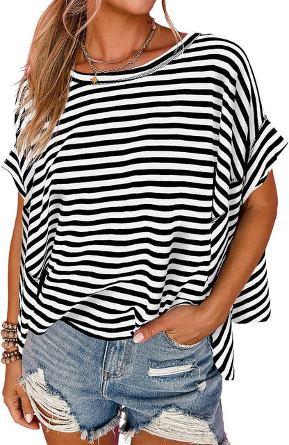 ✨Womens Oversized Striped Irregular Hem Batwing Short Sleeve Tee