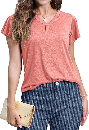 ✨Women's V Neck Ruffle Sleeve Tunic Short Sleeve Blouse Flutter Sleeve Tops