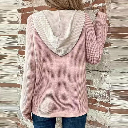 Women's Waffle Knit Drawstring Button Long Sleeve Hoodie