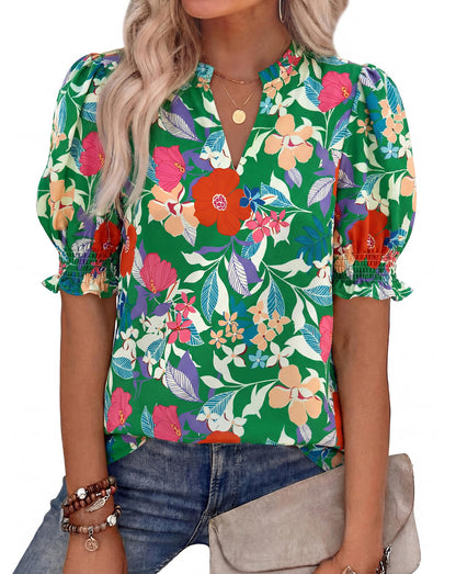 Women Floral Boho V Neck Puff Short Sleeve Top Casual 2026 Summer Blouses