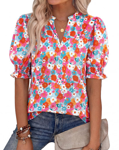 Women Floral Boho V Neck Puff Short Sleeve Top Casual 2026 Summer Blouses