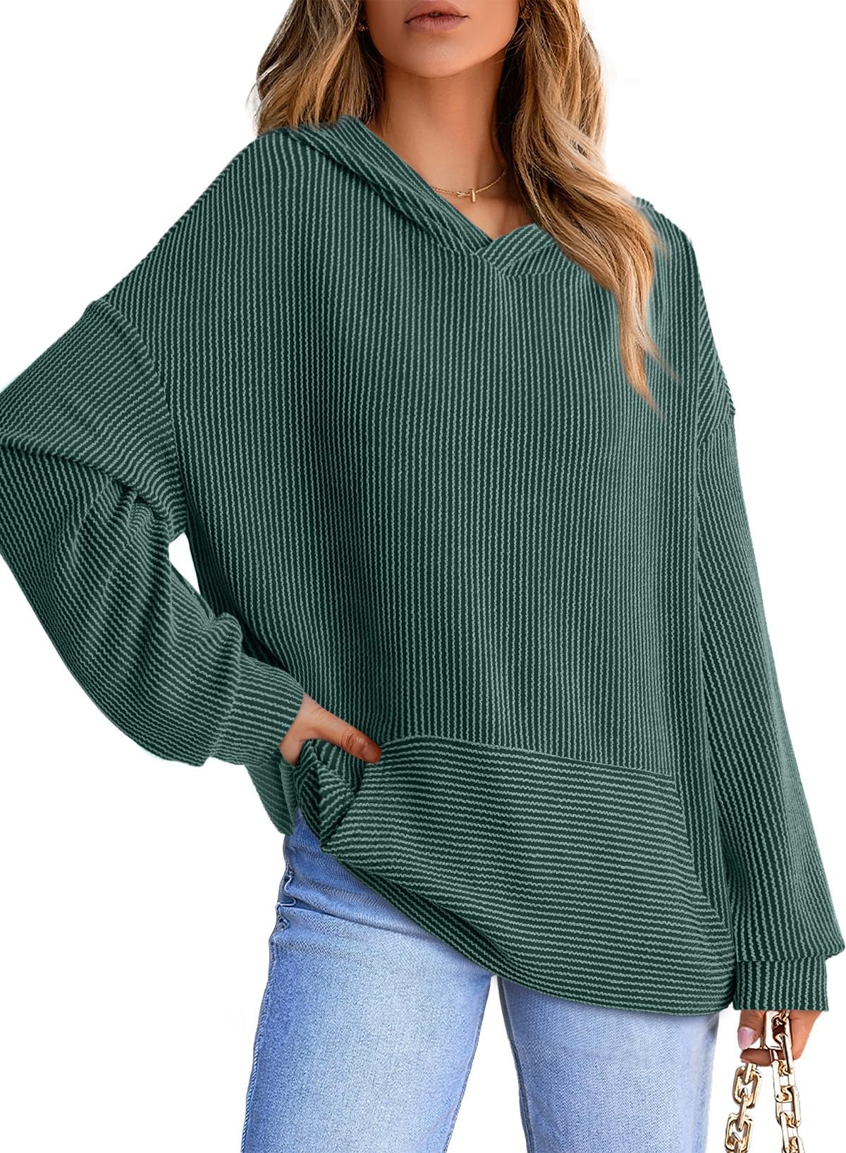 Women's Ribbed Knit Pullover Hoodie