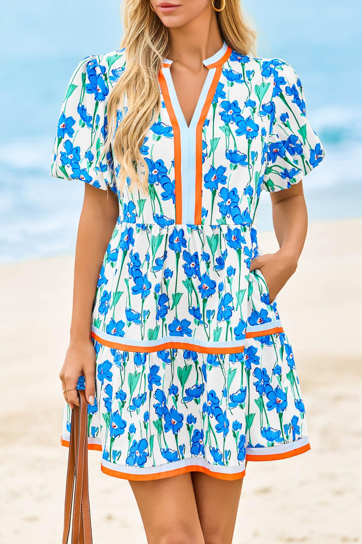 Womens V Neck Short Puff Sleeve Patchwork Floral Mini Dress
