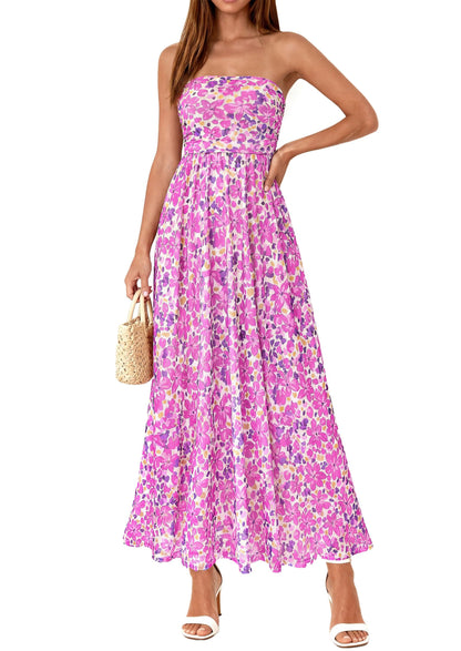 Womens Boho Maxi Dress Summer Floral Tube Strapless Wedding Guest Dresses